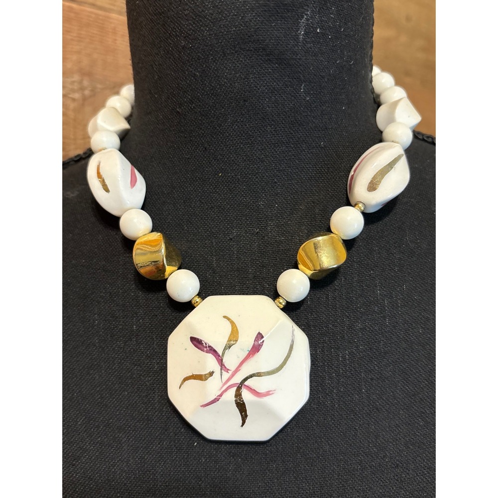 Vintage Hand Painted Japanese Beaded Necklace Abstract White Mauve Gold Tone 19"